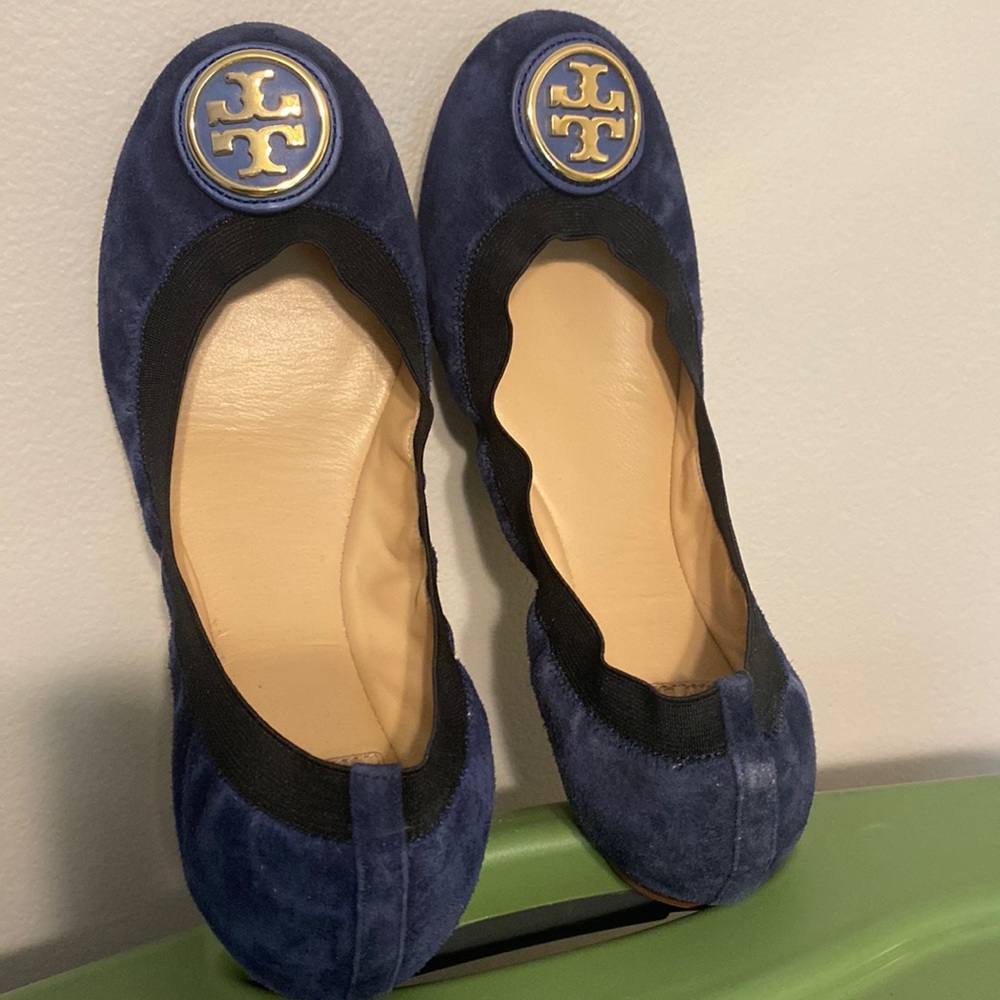 Tory Burch Caroline Ballet. Navy suede with black trim, size 9.